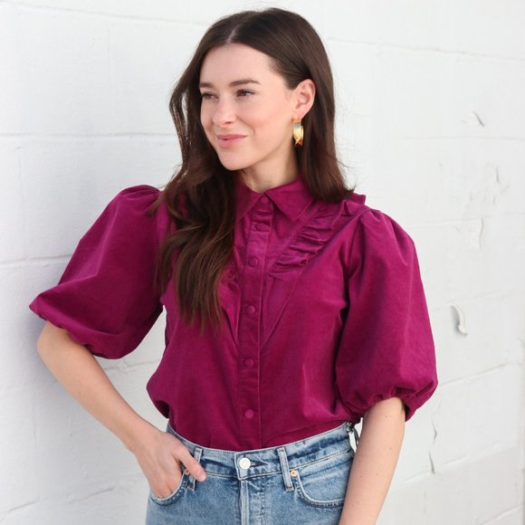 SUNCOO bright plum corduroy ruffle blouse/shirt, size small - Picture 5 of 12